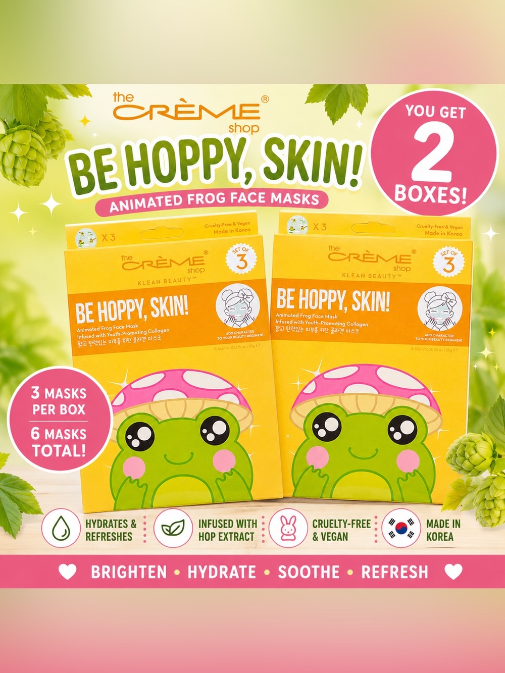 2- boxes of The Crème Shop Be Hoppy, Skin! Face Masks. ( 3 mask each box)